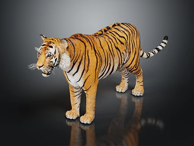 Realistic 3D Tiger Model With Striped Fur Standing Pose On Dark Background And Reflection 3d model