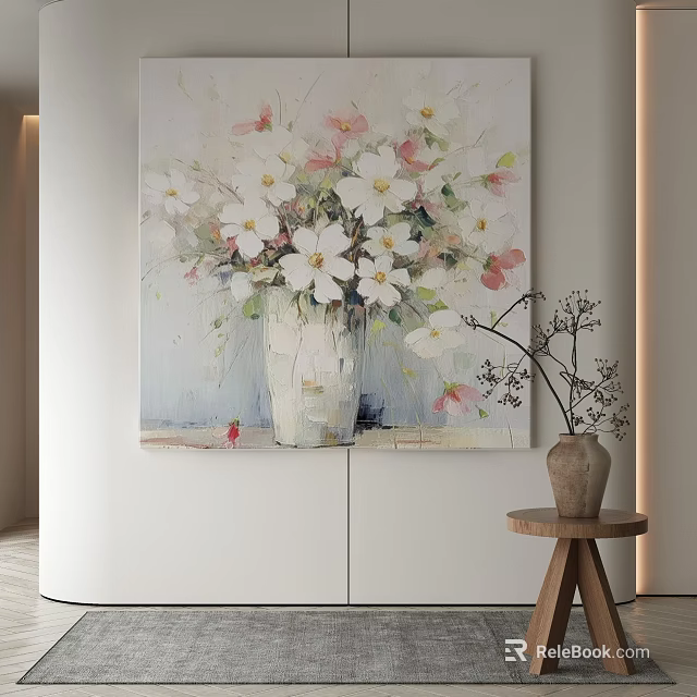 Artistic Abstract Painting With White And Pink Flowers In Glass Vase For Interior Wall Art 3d model 