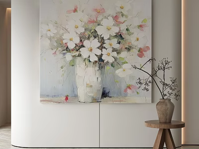 Artistic Abstract Painting With White And Pink Flowers In Glass Vase For Interior Wall Art 3d model