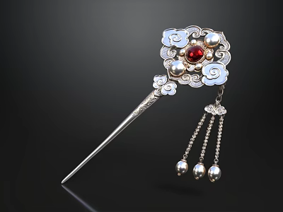 Elegant Silver Hairpin With Red Gemstone Cloud Shaped Decorations And Tassel Beads 3d model