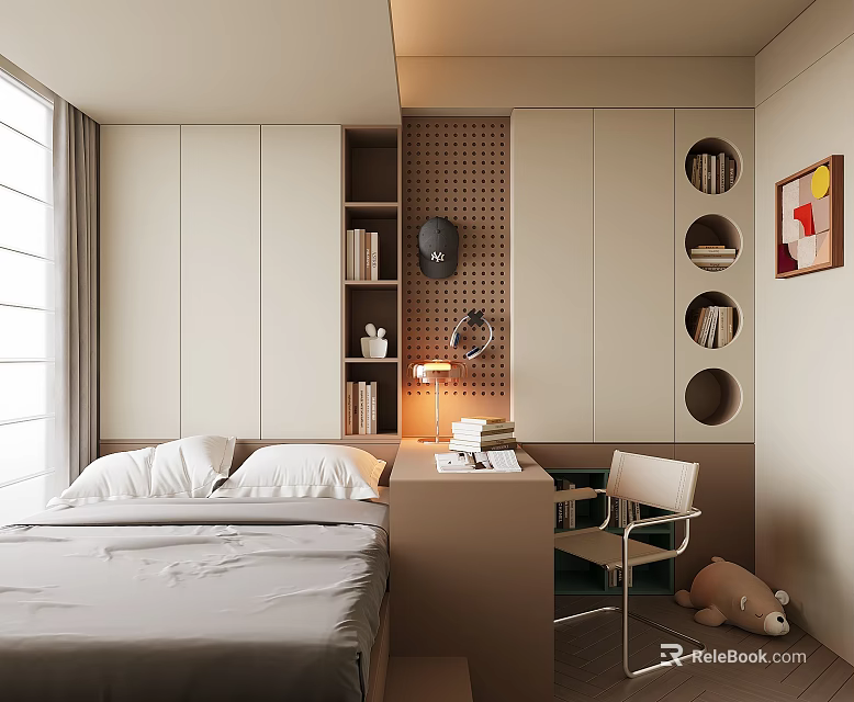 Tatami Bedroom Interior With Modern Design Desk Chair Bookshelf And Circular Decor 3d model