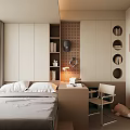 Tatami Bedroom Interior With Modern Design Desk Chair Bookshelf And Circular Decor 3d model