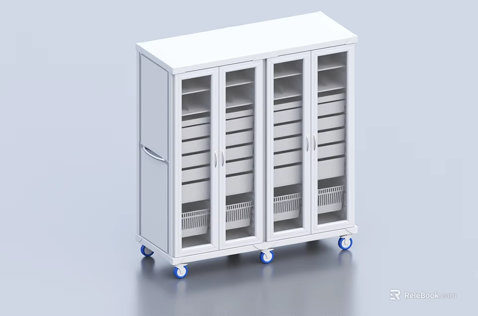 White Storage Cabinet With Glass Doors Multiple Shelves Baskets And Wheels 3d model 