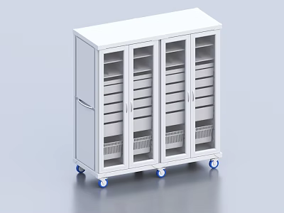 White Storage Cabinet With Glass Doors Multiple Shelves Baskets And Wheels 3d model