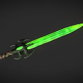 Fantasy Glowing Sword With Green Blade Black Ornate Hilt And Brown Leather Handle