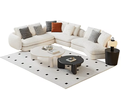 White L Shaped Sofa With Pillows And Two Coffee Tables On Black Diamond Pattern Rug 3d model