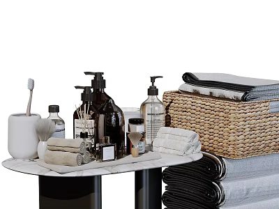 Stylish Bathroom Set With Toothbrush Soap Dispensers Towels And Wicker Basket On Marble Countertop 3d model