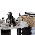 Stylish Bathroom Set With Toothbrush Soap Dispensers Towels And Wicker Basket On Marble Countertop