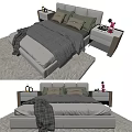 Modern Double Bed Interior With Gray Comforter White Sheets Green Pillows And Bedside Tables 3d model