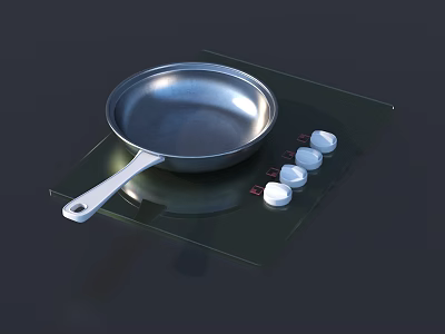 Stainless Steel Frying Pan On Modern Kitchen Stove With Control Knobs 3d model