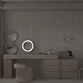 Modern Minimalist Dressing Table With Round Mirror Hanging Lights Storage Drawers And Stool 3d model