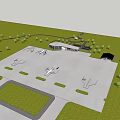 White Airplane Parked On Airport Tarmac With Terminal Building Grass And Trees