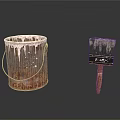 Rusty Paint Bucket And Wooden Handle Brush With Paint Drips For Household Use
