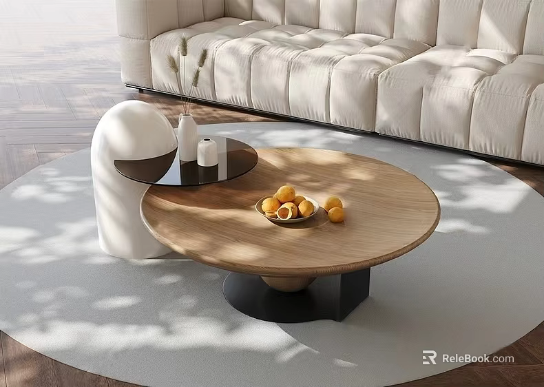 Modern Round Coffee Table With Oranges And White Sofa In Living Room 3d model 
