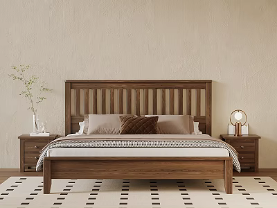 Wooden Double Bed With Vertical Slat Headboard Nightstands Lamp Plant And Patterned Rug 3d model