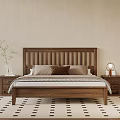 Wooden Double Bed With Vertical Slat Headboard Nightstands Lamp Plant And Patterned Rug