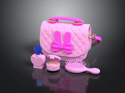 Cute Pink Quilted Handbag With Bunny Ear Bow And Cosmetic Items 3d model