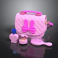 Cute Pink Quilted Handbag With Bunny Ear Bow And Cosmetic Items