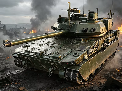 Modern Military Tank With Gun Barrel And Tracks In Battlefield Smoke Flames 3d model