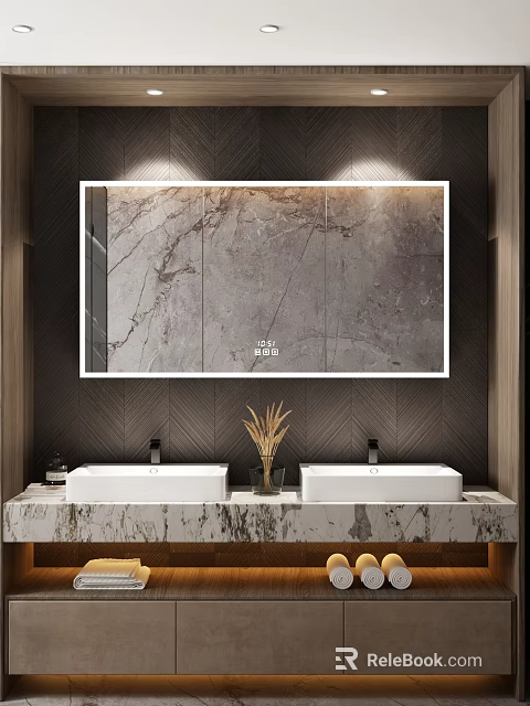 Modern Bathroom Interior with Large Mirror Double Sinks Marble Countertop and Wooden Walls 3d model 