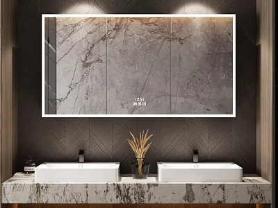Modern Bathroom Interior with Large Mirror Double Sinks Marble Countertop and Wooden Walls 3d model