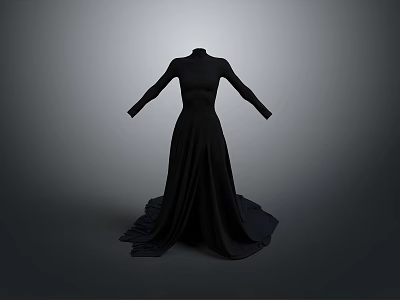 Stylish Black Dress With High Neck Long Sleeves And Flowing Skirt Design 3d model