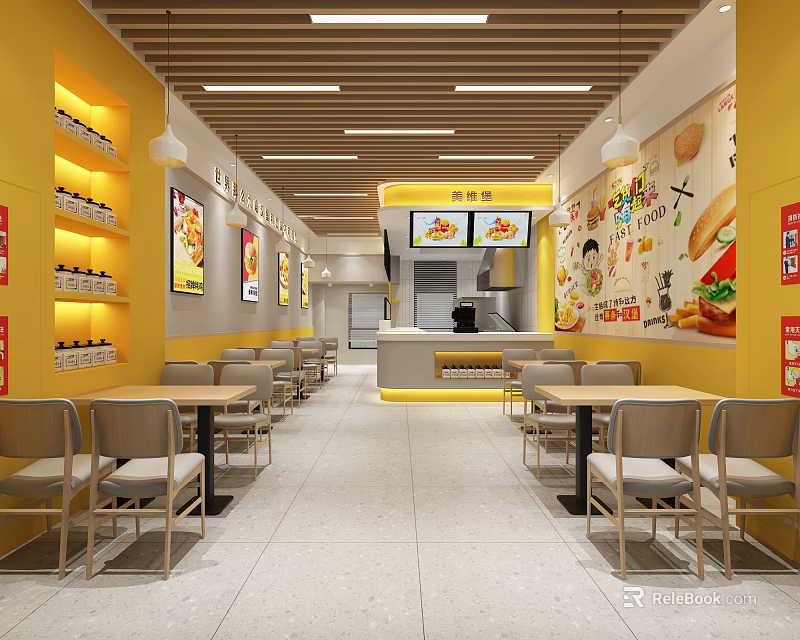 Bright Yellow Restaurant Interior with Tables Chairs Wall Posters Ceiling Light Strips and Order Counter 3d model 