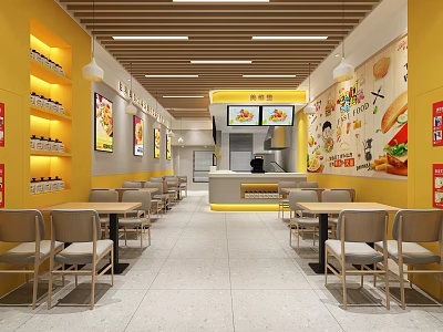 Bright Yellow Restaurant Interior with Tables Chairs Wall Posters Ceiling Light Strips and Order Counter 3d model