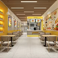 Bright Yellow Restaurant Interior with Tables Chairs Wall Posters Ceiling Light Strips and Order Counter