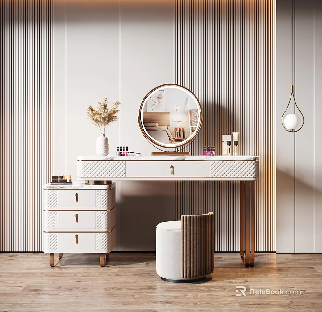 Elegant White Dressing Table With Round Mirror Dried Flower Vase Cosmetics And Stool 3d model 