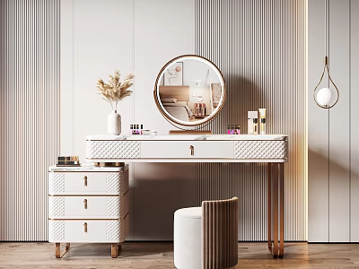 Elegant White Dressing Table With Round Mirror Dried Flower Vase Cosmetics And Stool 3d model