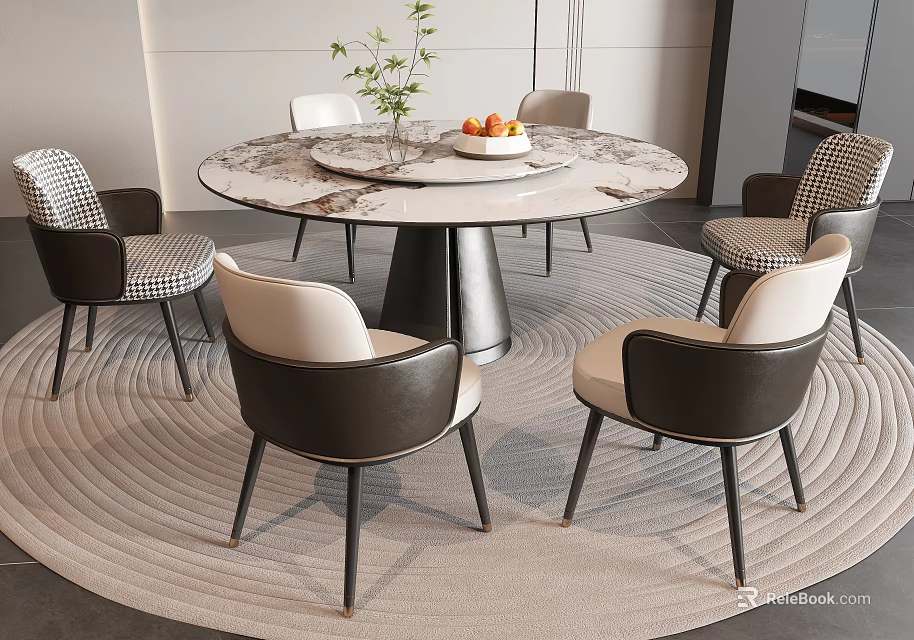 Modern Round Marble Dining Table Set With Six Upholstered Chairs And Decorative Vase 3d model 