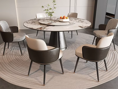 Modern Round Marble Dining Table Set With Six Upholstered Chairs And Decorative Vase 3d model