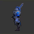 3D Fantasy Warrior Character With Intricate Blue Armor Holding Ornate Blue Sword Standing Pose