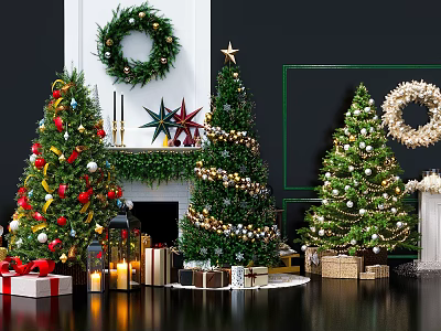 Christmas Themed Decorative Ornament Set with Christmas Trees Wreaths Gift Boxes and Candles 3d model