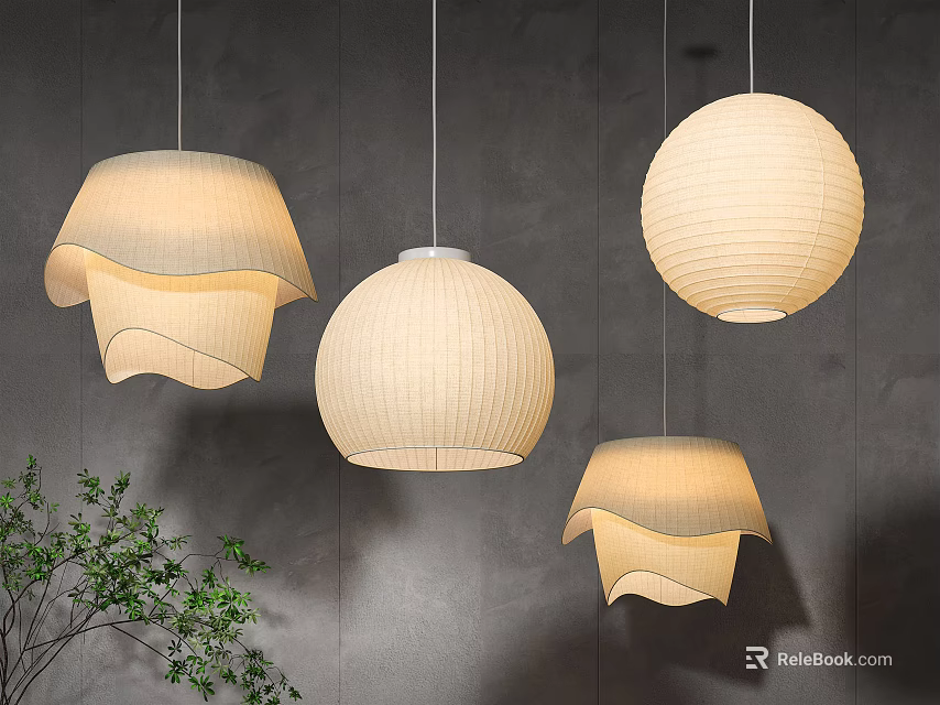 Cream Colored Paper Pendant Lights with Various Designs on Grey Wall Background and Green Plant 3d model 