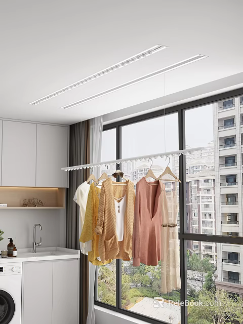 Hanging Clothes Hanger With Colorful Clothes Near Window And White Cabinets In Modern Interior 3d model 