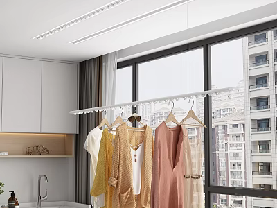 Hanging Clothes Hanger With Colorful Clothes Near Window And White Cabinets In Modern Interior 3d model