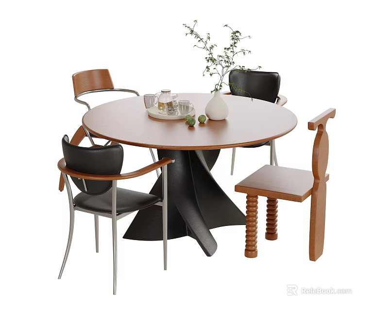 Round Wooden Table and Mixed Design Chairs with Decorative Green Vase 3d model 