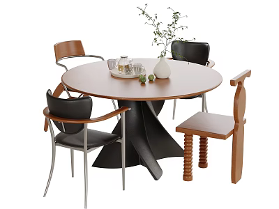 Round Wooden Table and Mixed Design Chairs with Decorative Green Vase 3d model
