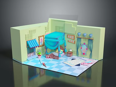Cartoon Room Scene With Light Green Walls Blue Canopy Bed Window And Decorative Elements 3d model