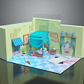 Cartoon Room Scene With Light Green Walls Blue Canopy Bed Window And Decorative Elements