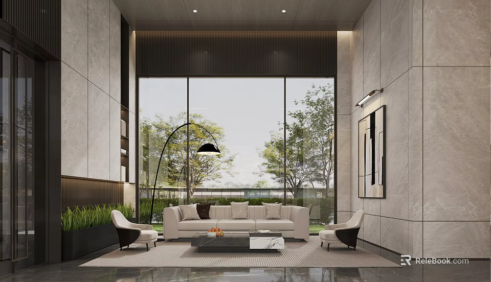 Modern Living Room Interior With Large Windows Trees Outside Light Sofa Armchairs And Floor Lamp 3d model 