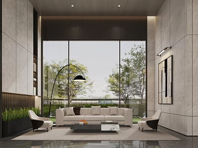 Modern Living Room Interior With Large Windows Trees Outside Light Sofa Armchairs And Floor Lamp 3d model