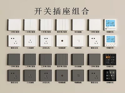 White And Gray Switch Panels With Various Socket Combinations Including USB Air Conditioning And Thermostat 3d model