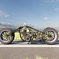 Custom Motorcycle with Large Wheels Purple Rims Metallic Body Under Blue Sky On Road