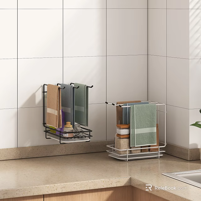 Kitchen Sink With Wall Mounted Metal Racks For Towels And Toiletries On White Tiles 3d model 
