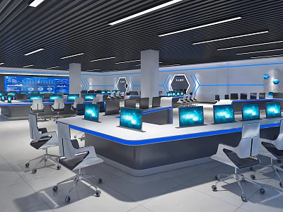 Modern Public Office Space with Multiple Workstations Computers Open Layout Blue Screens and White Desks 3d model