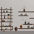 Wooden Shelves With Multiple Tiers Display Decorative Vases And Pottery In Interior
