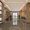 Modern Hotel Lobby With Reception Counter Marble Floor Ceiling Lights Leather Chairs And Wooden Bookshelves
